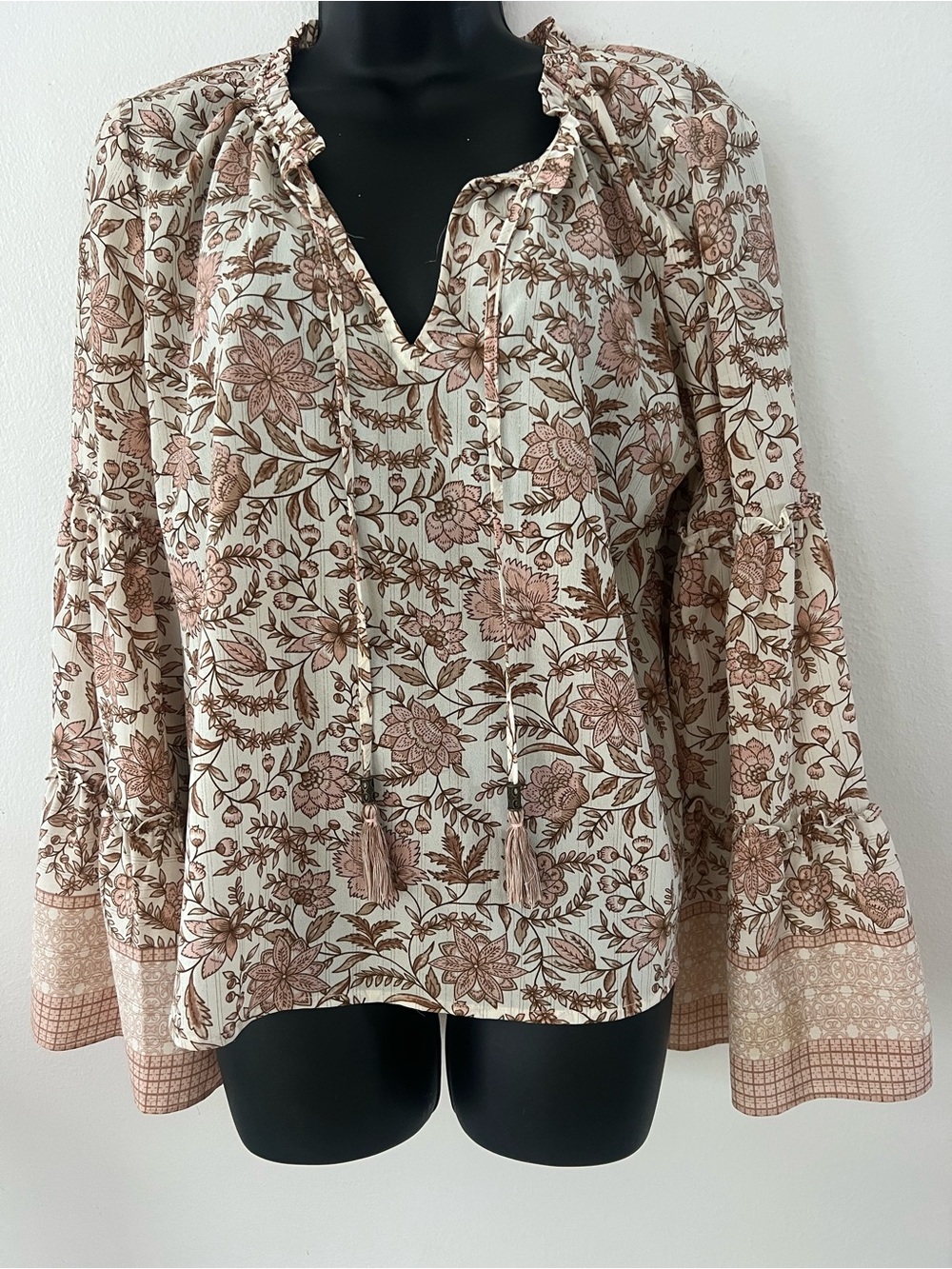 Boho Floral Peasant Blouse - Cream with Brown Floral Print